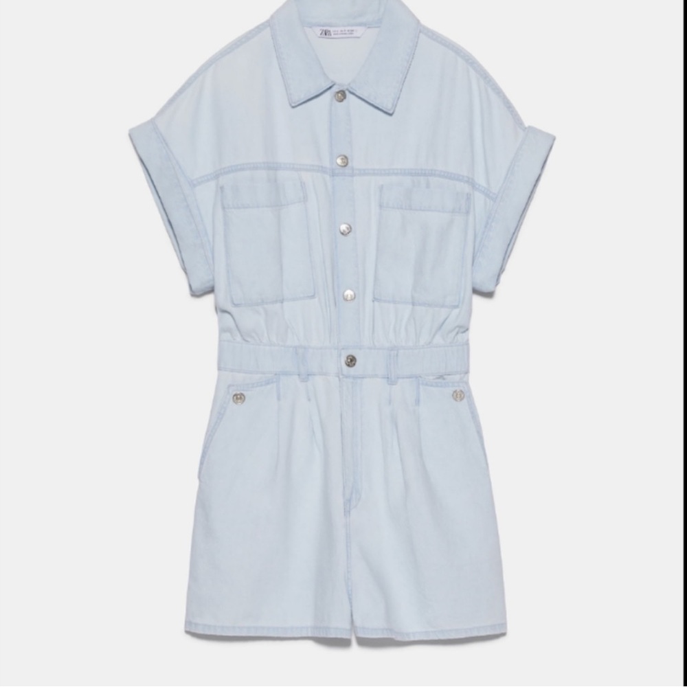 Zara Denim Shorts Jumpsuit With Pockets